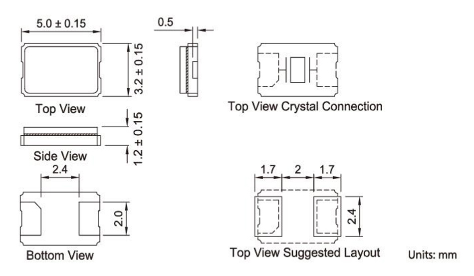 SMD 5032Glass Crystal Resonator Dimensions